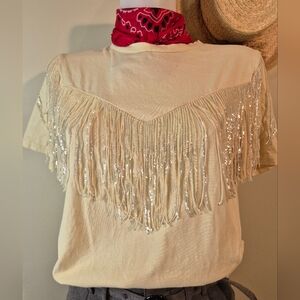 Fun Sequin Fringe Cotton T Shirt Western Rodeo Stampede Dance
